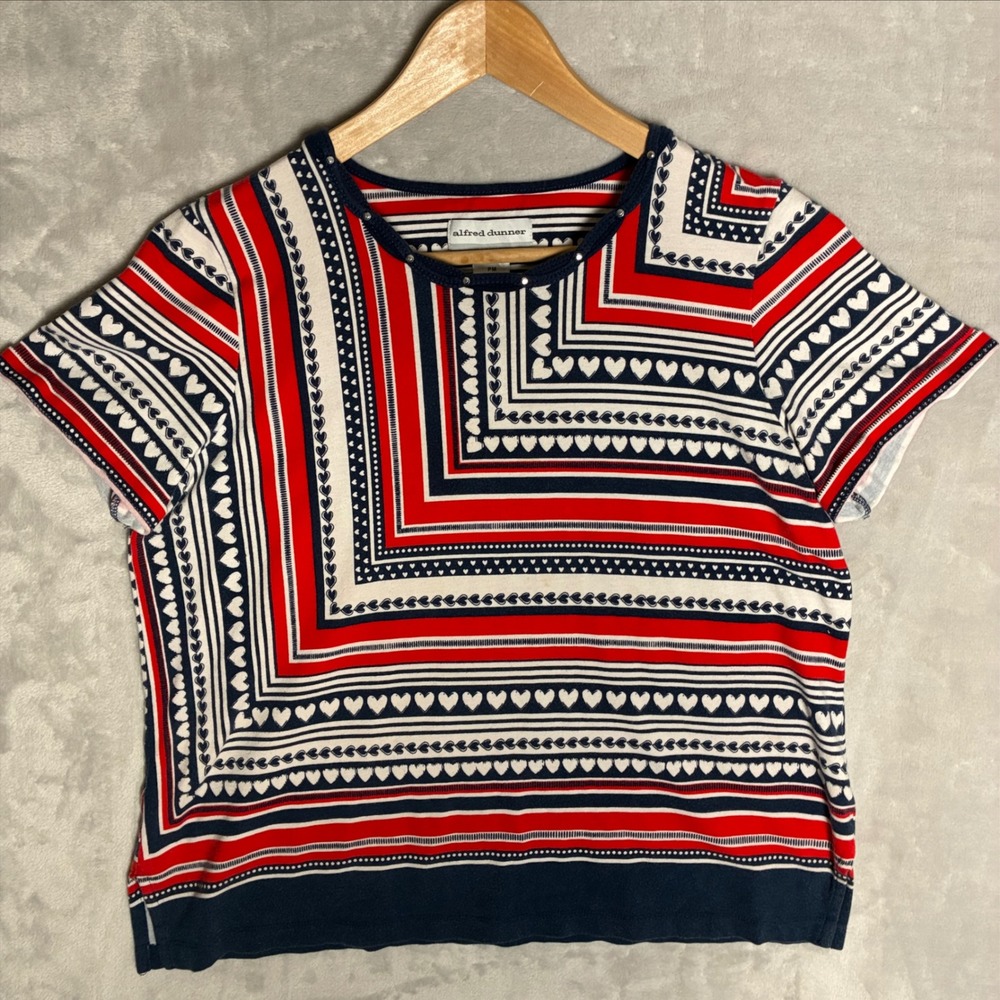 Alfred Dunner Petite PM Red White Blue Heart Print Rhinestone Crew Neck Top